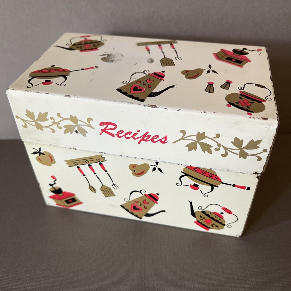 Vintage Metal Tin Recipe Box Midcentury Farmhouse Retro Kitchen Decor Gold‎